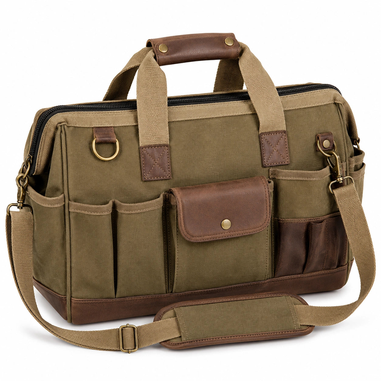 Werkzeugtasche aus Canvas mit Lederdetails Khaki
