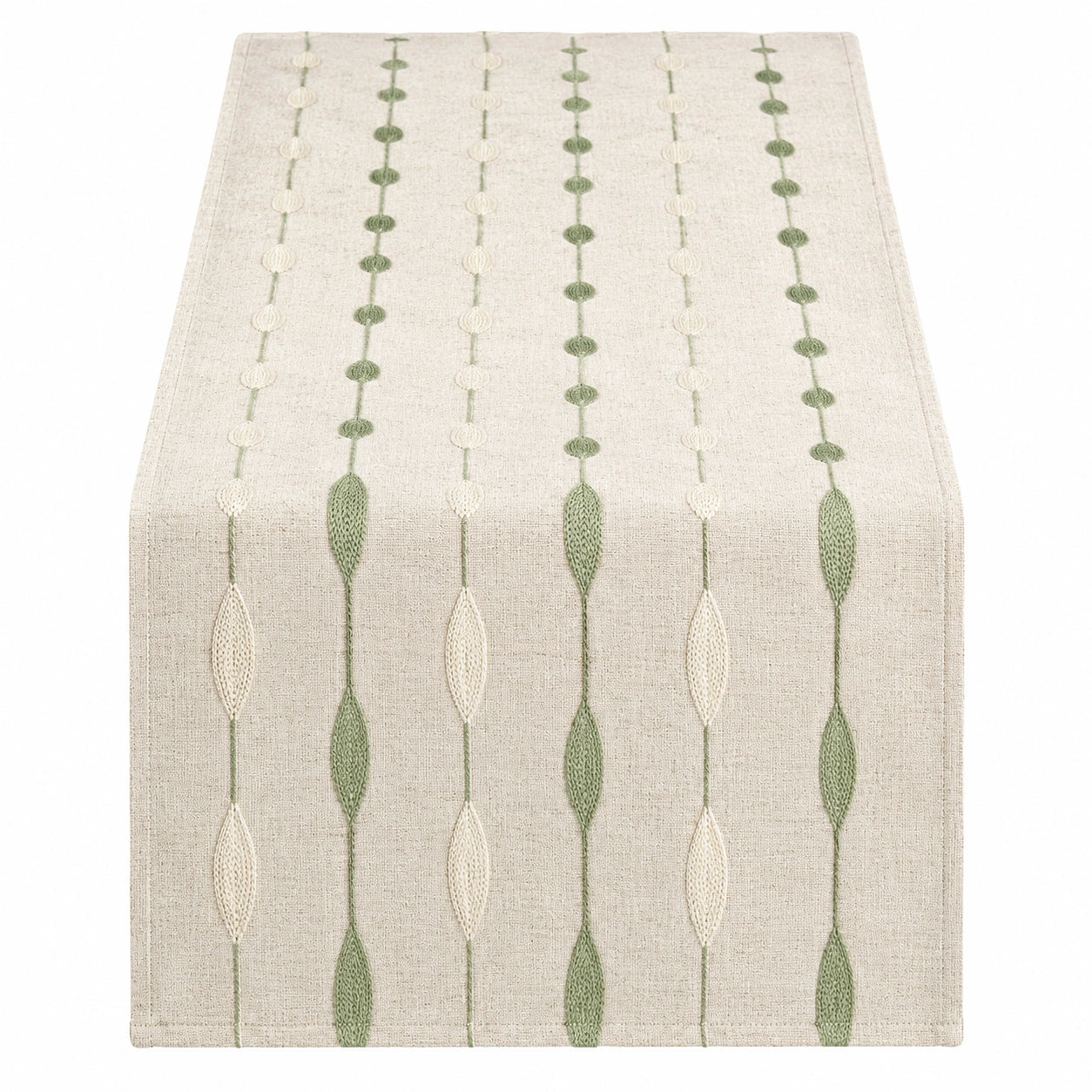 Gestickter Tischläufer Beige/Grün 140x40 cm mit Blattmuster