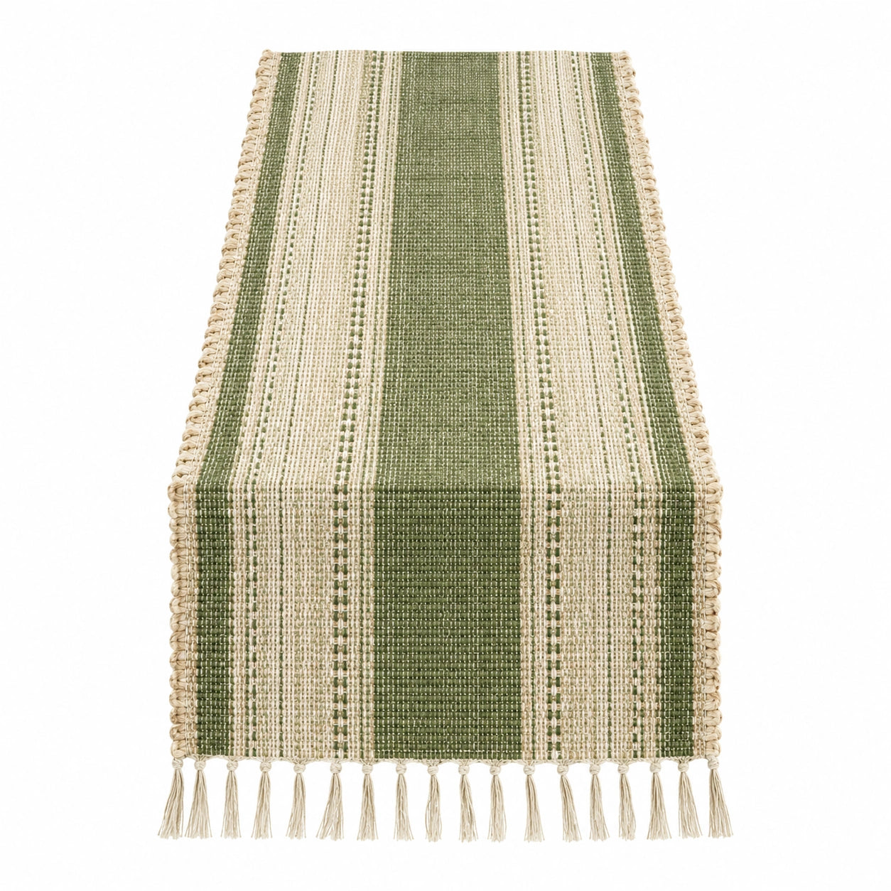 Tischläufer Grün Beige mit Streifen 180x33cm Quasten